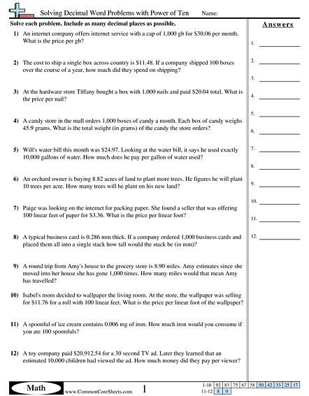 Solving Decimal Word Problems with Power of Ten Worksheet - Solving Decimal Word Problems with Power of Ten worksheet